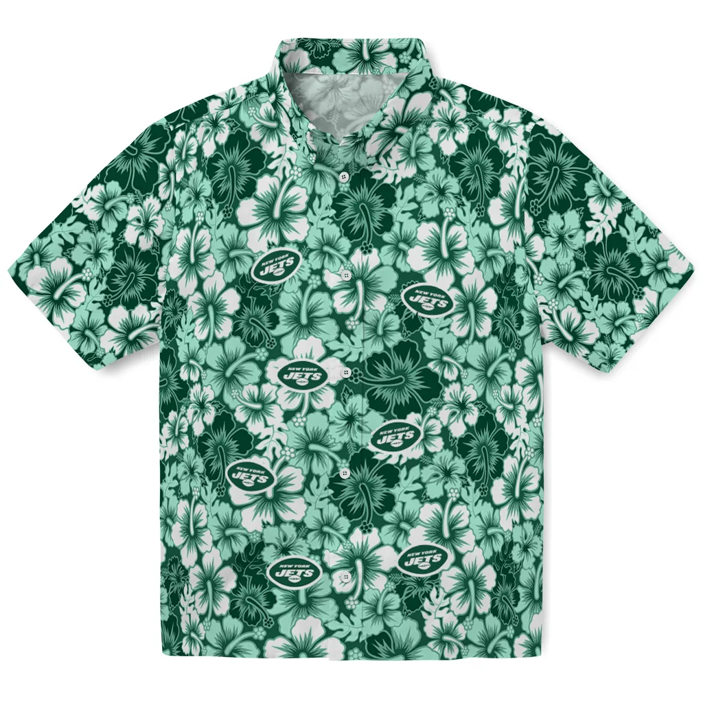 New York Jets Hawaiian Shirt - Hibiscus Blooms new york jets hibiscus blooms green hawaiian shirts best selling