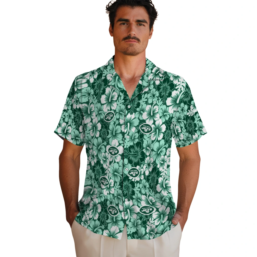 New York Jets Hawaiian Shirt - Hibiscus Blooms new york jets hibiscus blooms green hawaiian shirts fashion forward