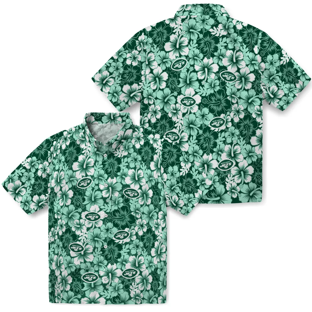 New York Jets Hawaiian Shirt - Hibiscus Blooms new york jets hibiscus blooms green hawaiian shirts high quality