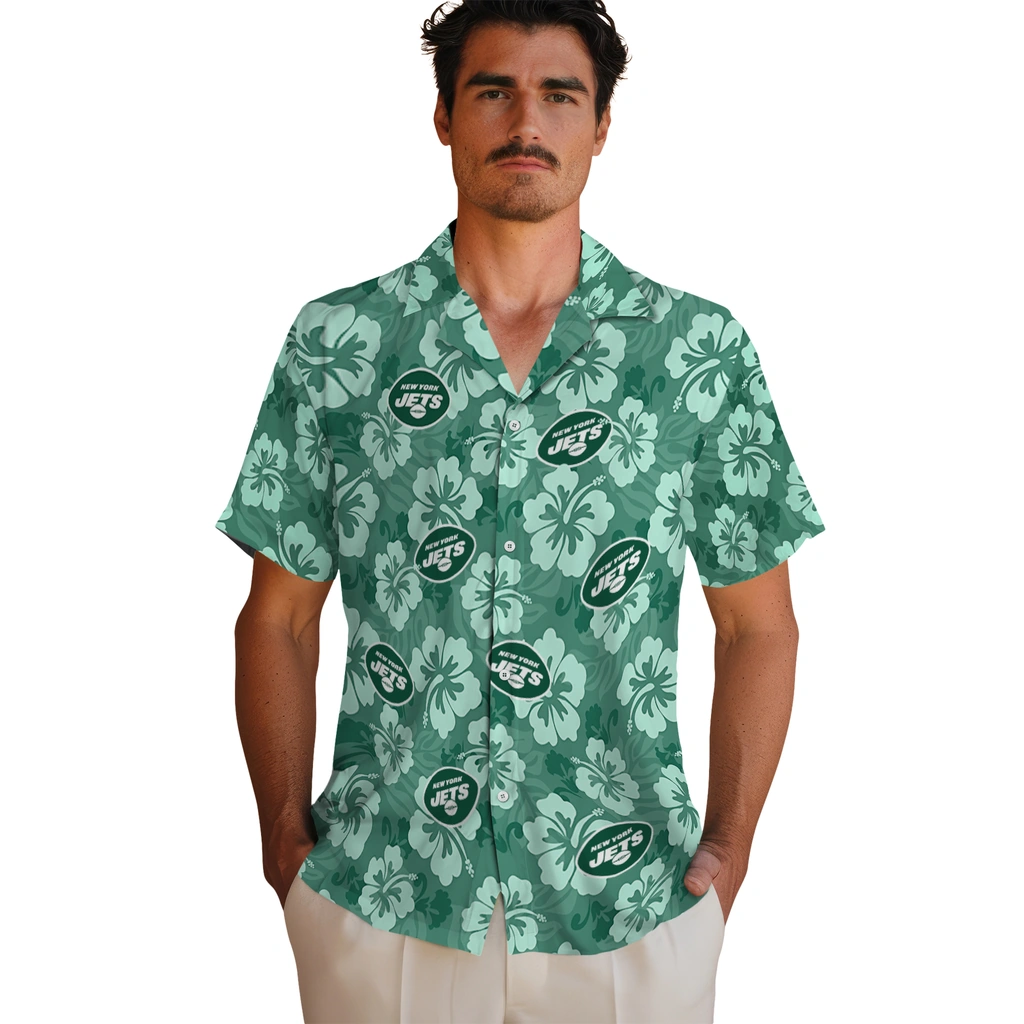 New York Jets Hawaiian Shirt - Hibiscus Cluster new york jets hibiscus cluster green hawaiian shirts fashion forward