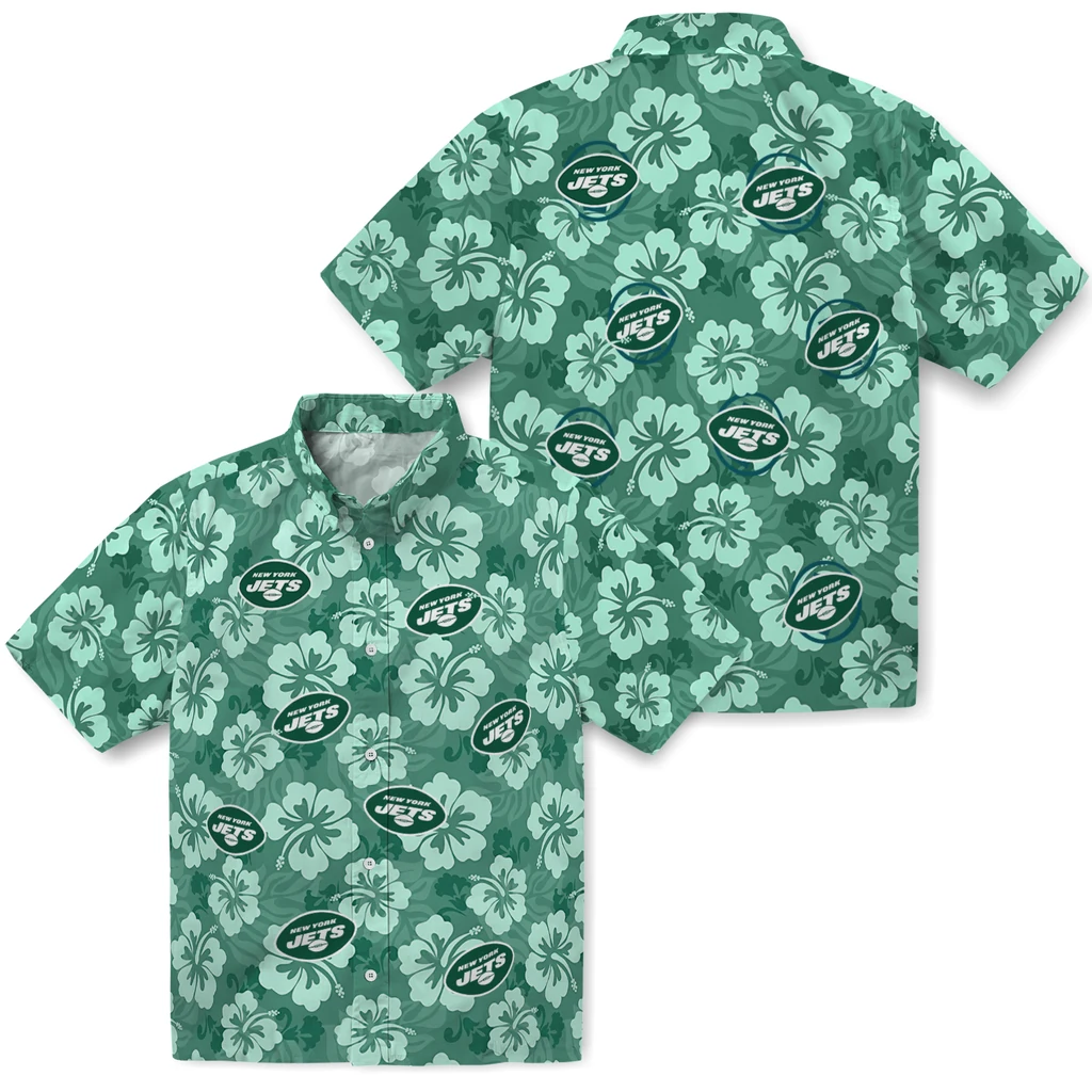 New York Jets Hawaiian Shirt - Hibiscus Cluster new york jets hibiscus cluster green hawaiian shirts high quality