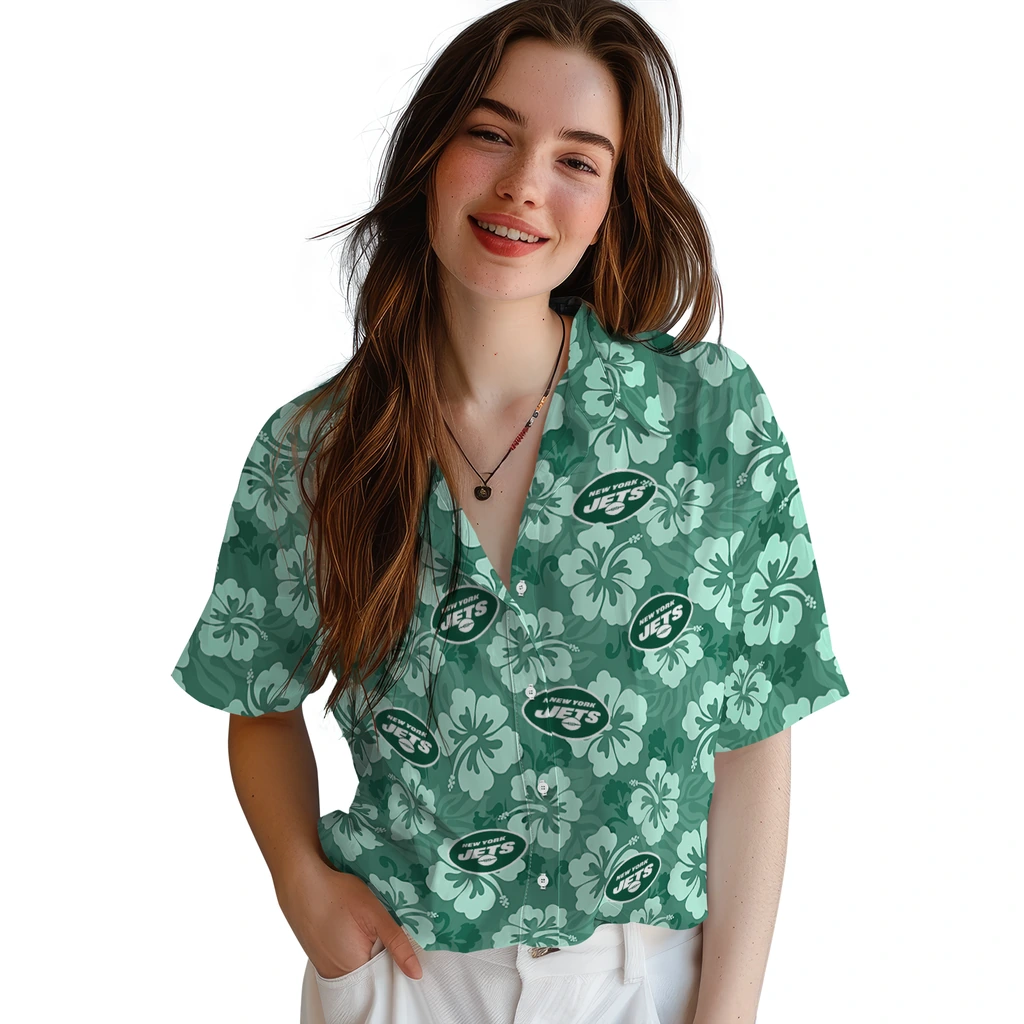 New York Jets Hawaiian Shirt - Hibiscus Cluster new york jets hibiscus cluster green hawaiian shirts latest model