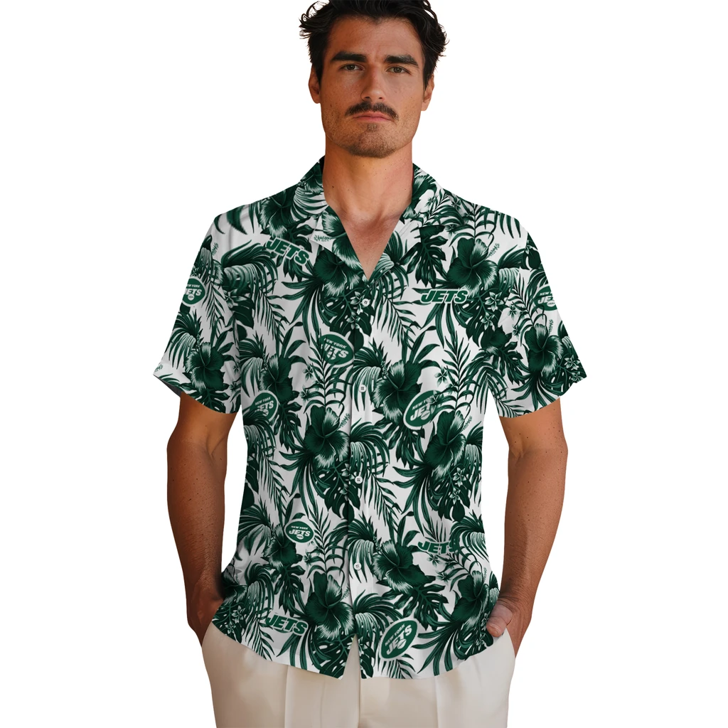 New York Jets Hawaiian Shirt - Hibiscus Exotic new york jets hibiscus exotic green hawaiian shirts fashion forward