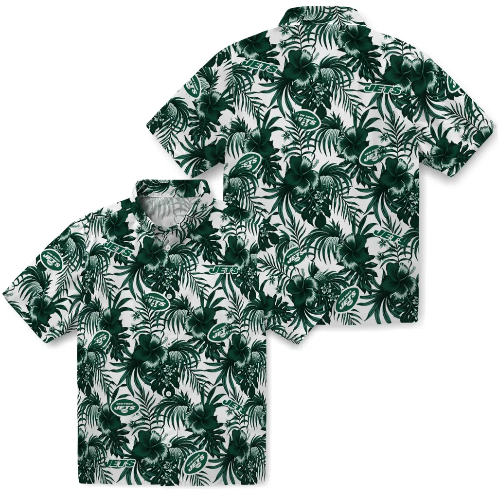 New York Jets Hawaiian Shirt - Hibiscus Exotic new york jets hibiscus exotic green hawaiian shirts high quality