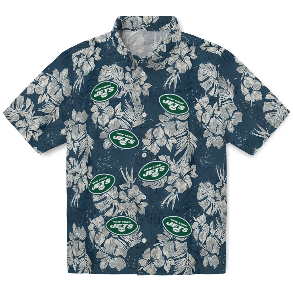 New York Jets Hawaiian Shirt - Hibiscus Flowers new york jets hibiscus flowers navy blue hawaiian shirts best selling