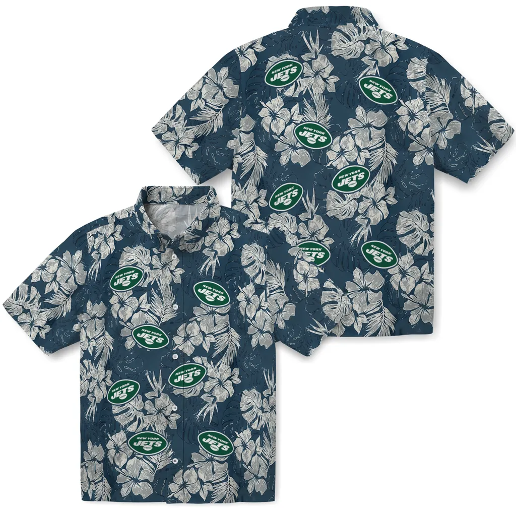 New York Jets Hawaiian Shirt - Hibiscus Flowers new york jets hibiscus flowers navy blue hawaiian shirts high quality