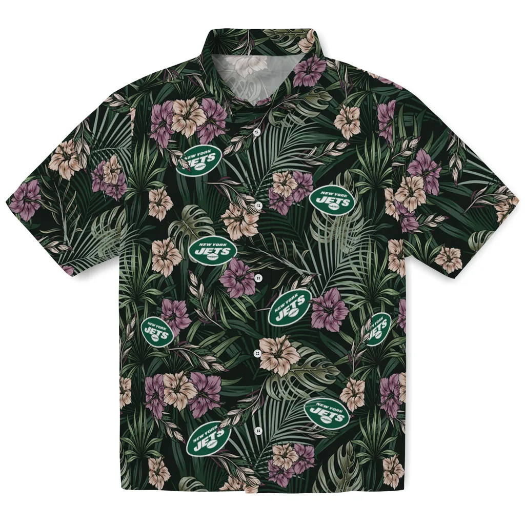 New York Jets Hawaiian Shirt - Hibiscus Leaves Pattern new york jets hibiscus leaves pattern green hawaiian shirts best selling