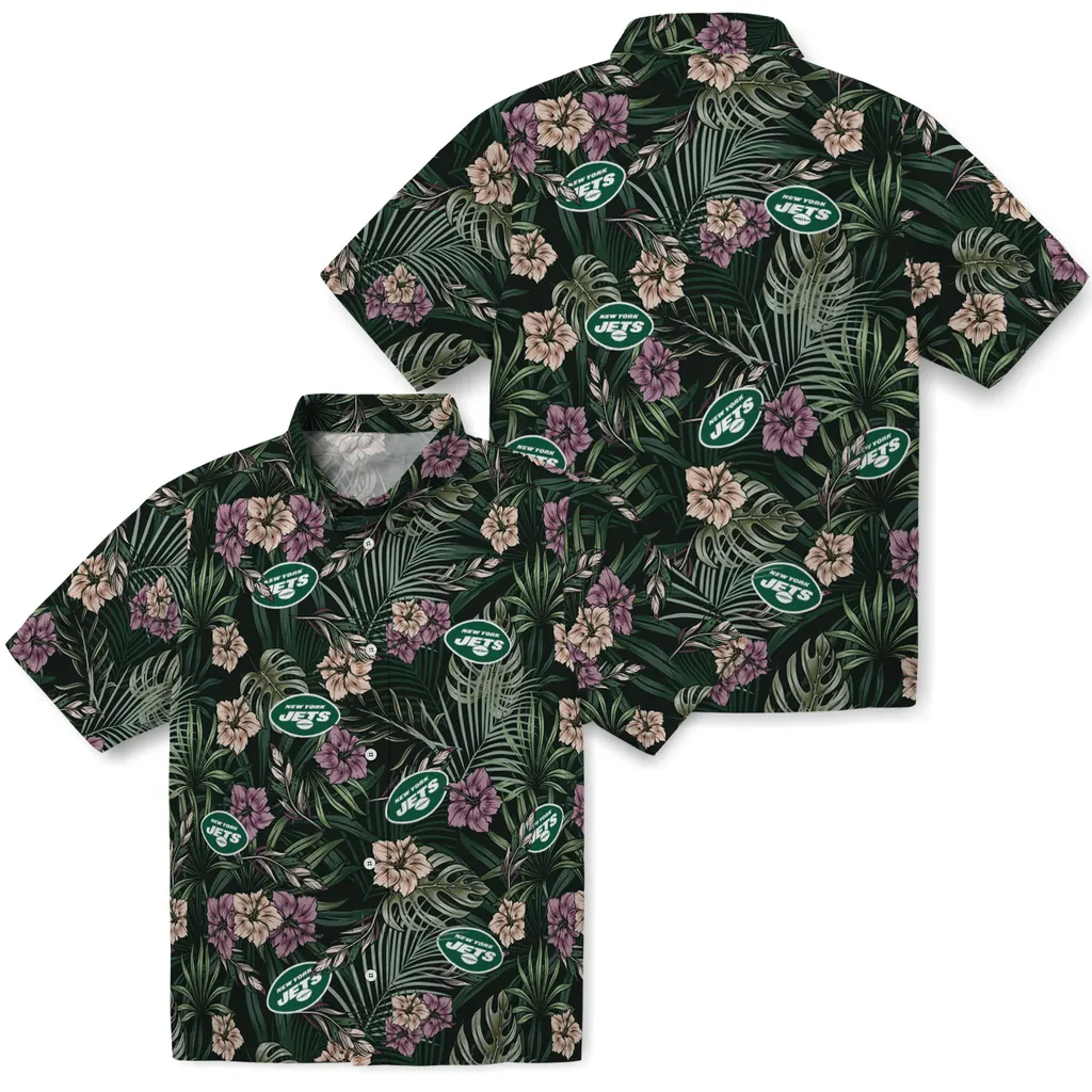 New York Jets Hawaiian Shirt - Hibiscus Leaves Pattern new york jets hibiscus leaves pattern green hawaiian shirts high quality