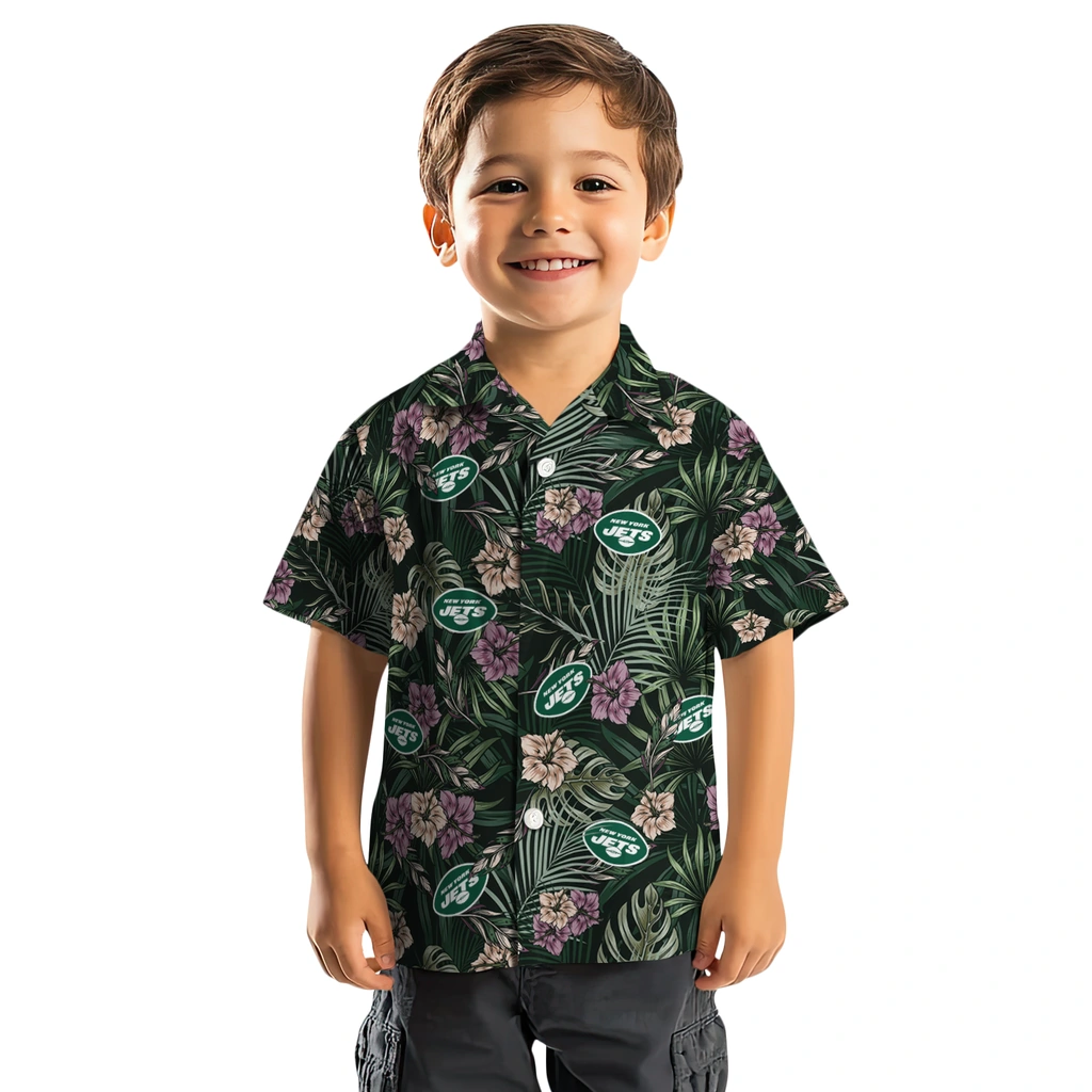 New York Jets Hawaiian Shirt - Hibiscus Leaves Pattern new york jets hibiscus leaves pattern green hawaiian shirts top rated