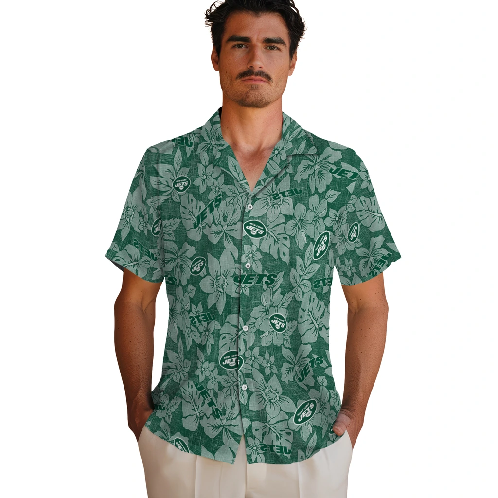 New York Jets Hawaiian Shirt - Hibiscus Oasis new york jets hibiscus oasis green hawaiian shirts fashion forward