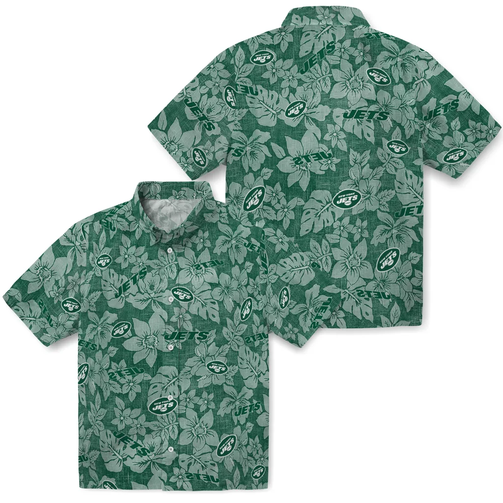 New York Jets Hawaiian Shirt - Hibiscus Oasis new york jets hibiscus oasis green hawaiian shirts high quality