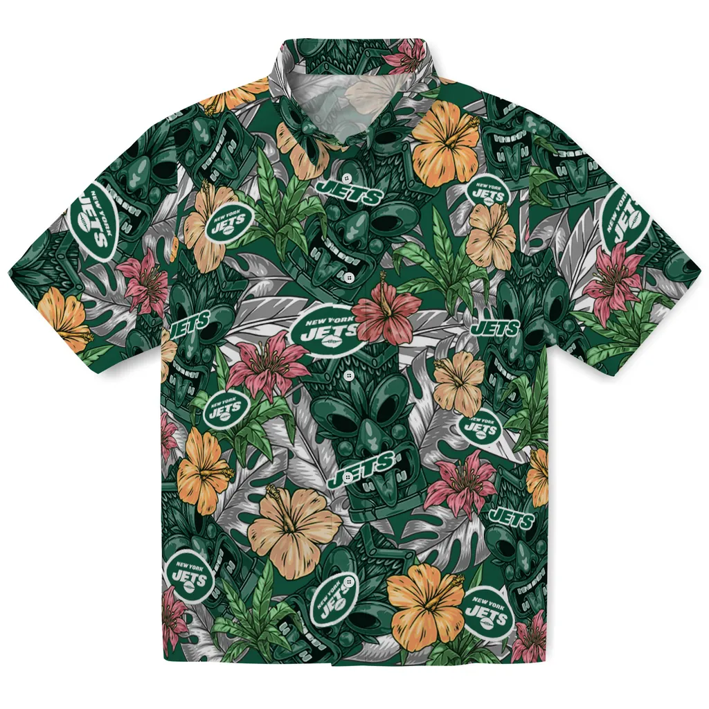 New York Jets Hawaiian Shirt - Hibiscus Tiki Jungle new york jets tiki jungle green hawaiian shirts best selling