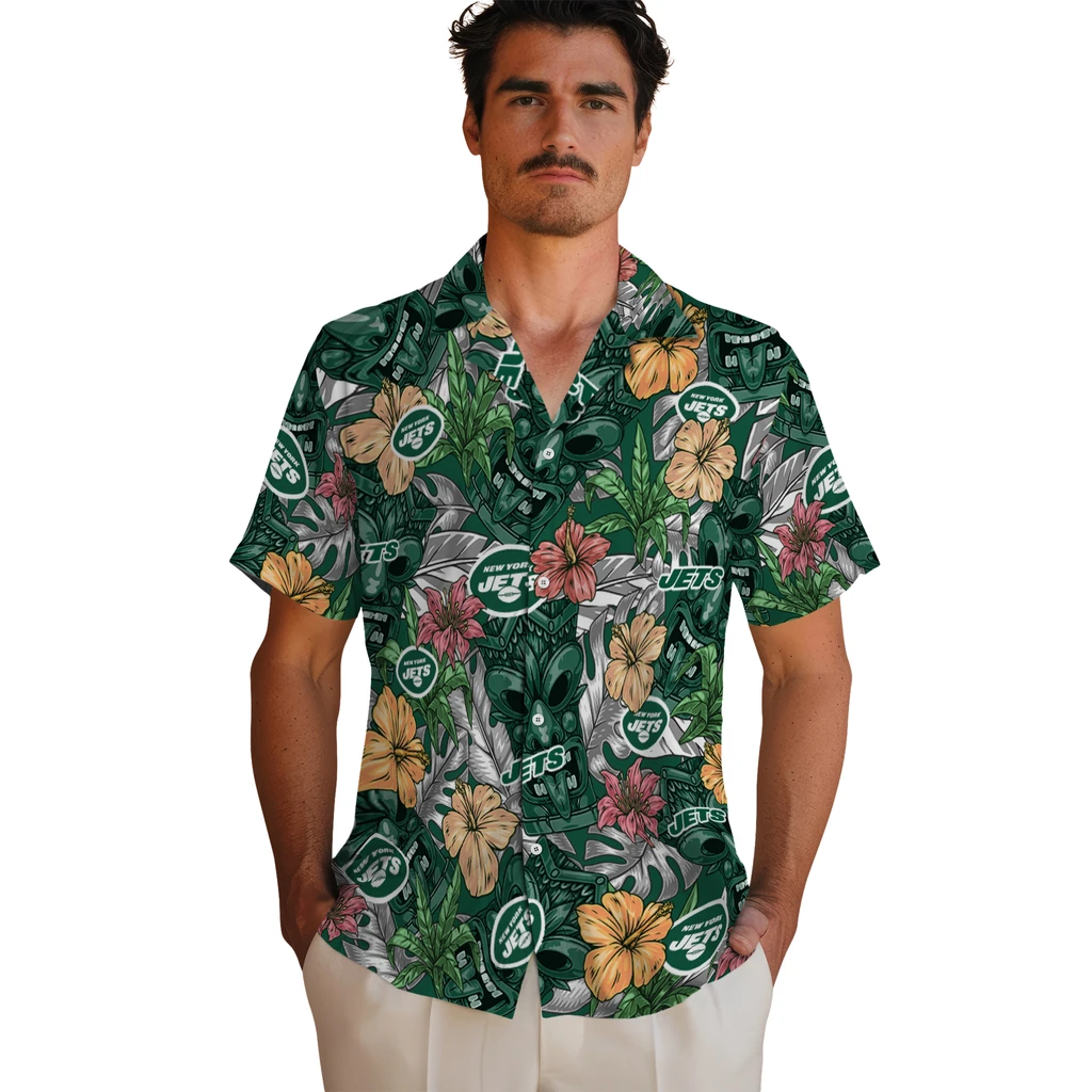 New York Jets Hawaiian Shirt - Hibiscus Tiki Jungle new york jets tiki jungle green hawaiian shirts fashion forward