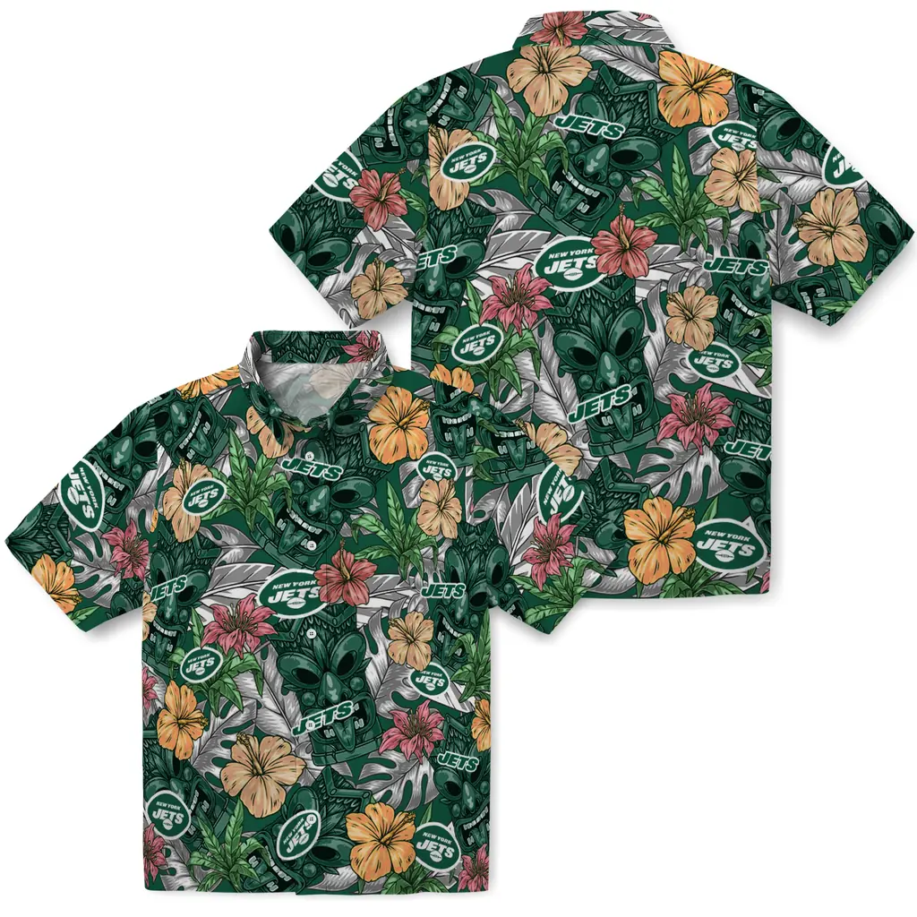 New York Jets Hawaiian Shirt - Hibiscus Tiki Jungle new york jets tiki jungle green hawaiian shirts high quality