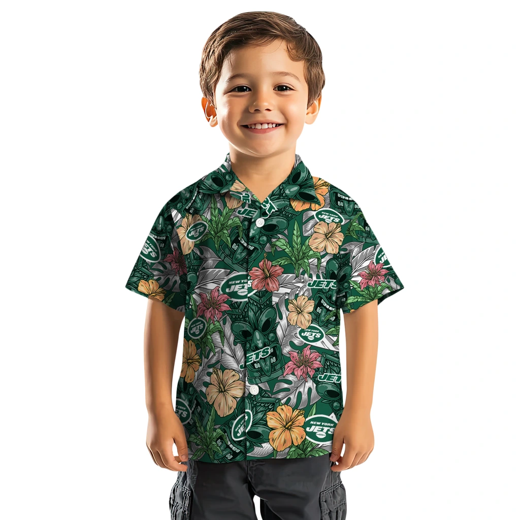 New York Jets Hawaiian Shirt - Hibiscus Tiki Jungle new york jets tiki jungle green hawaiian shirts top rated