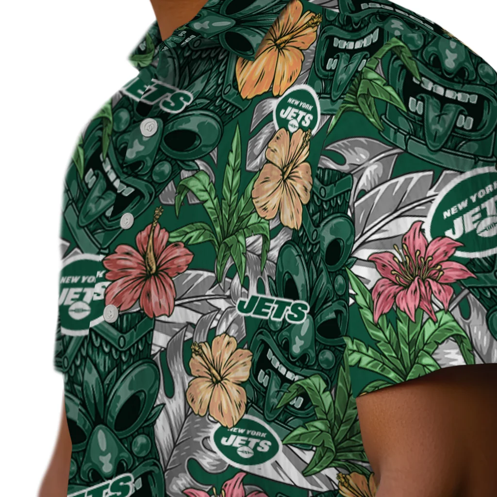 New York Jets Hawaiian Shirt - Hibiscus Tiki Jungle new york jets tiki jungle green hawaiian shirts trendy
