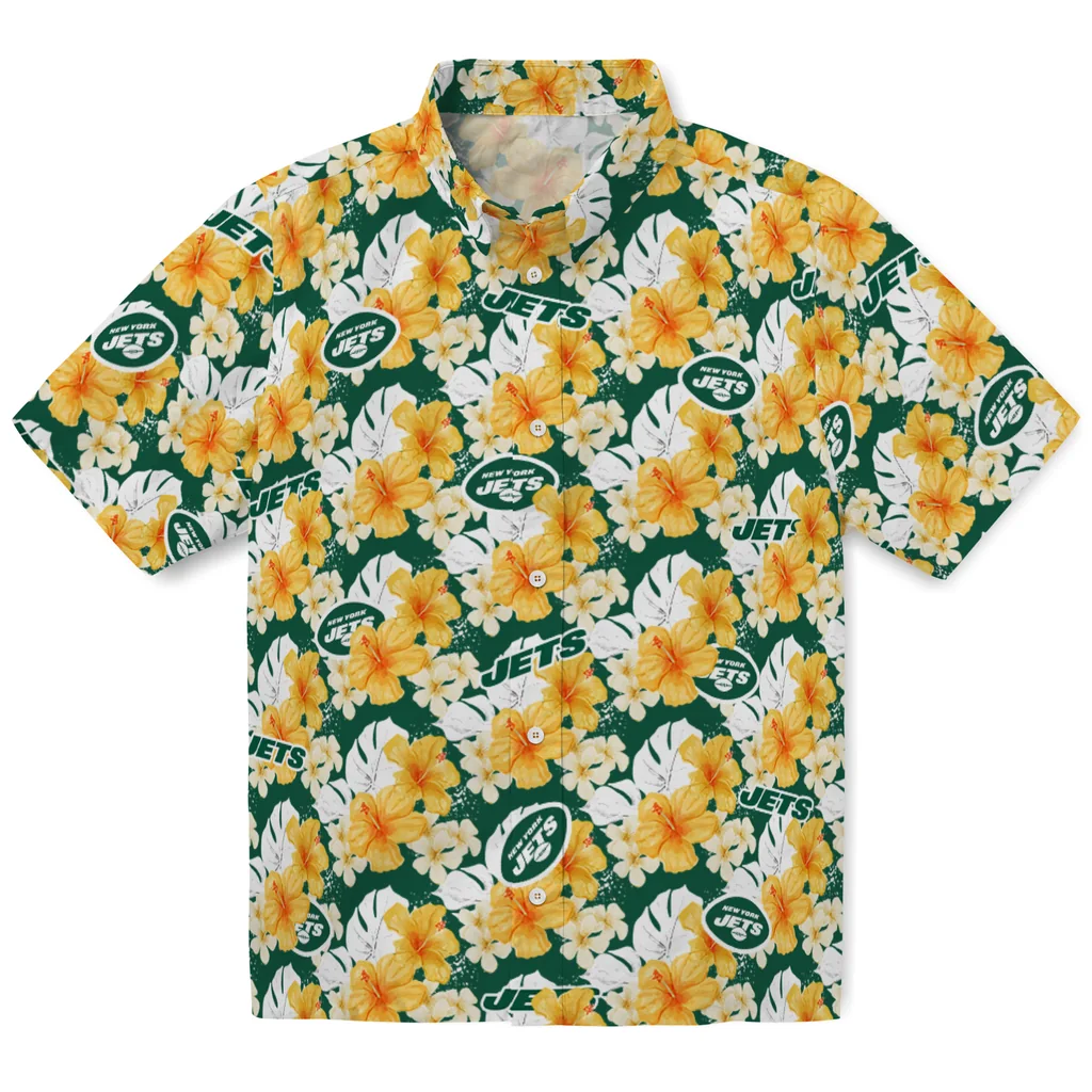 New York Jets Hawaiian Shirt - Hibiscus Tropics new york jets hibiscus tropics green yellow hawaiian shirts best selling