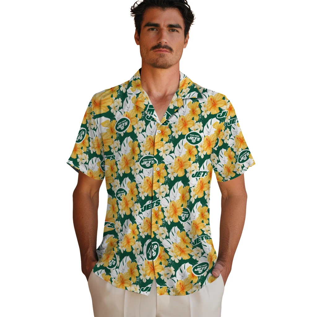New York Jets Hawaiian Shirt - Hibiscus Tropics new york jets hibiscus tropics green yellow hawaiian shirts fashion forward