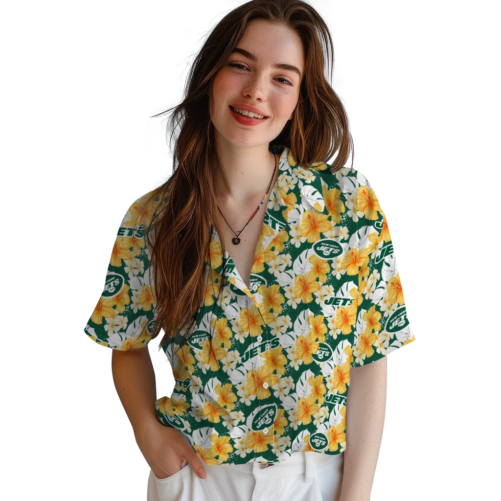 New York Jets Hawaiian Shirt - Hibiscus Tropics new york jets hibiscus tropics green yellow hawaiian shirts latest model