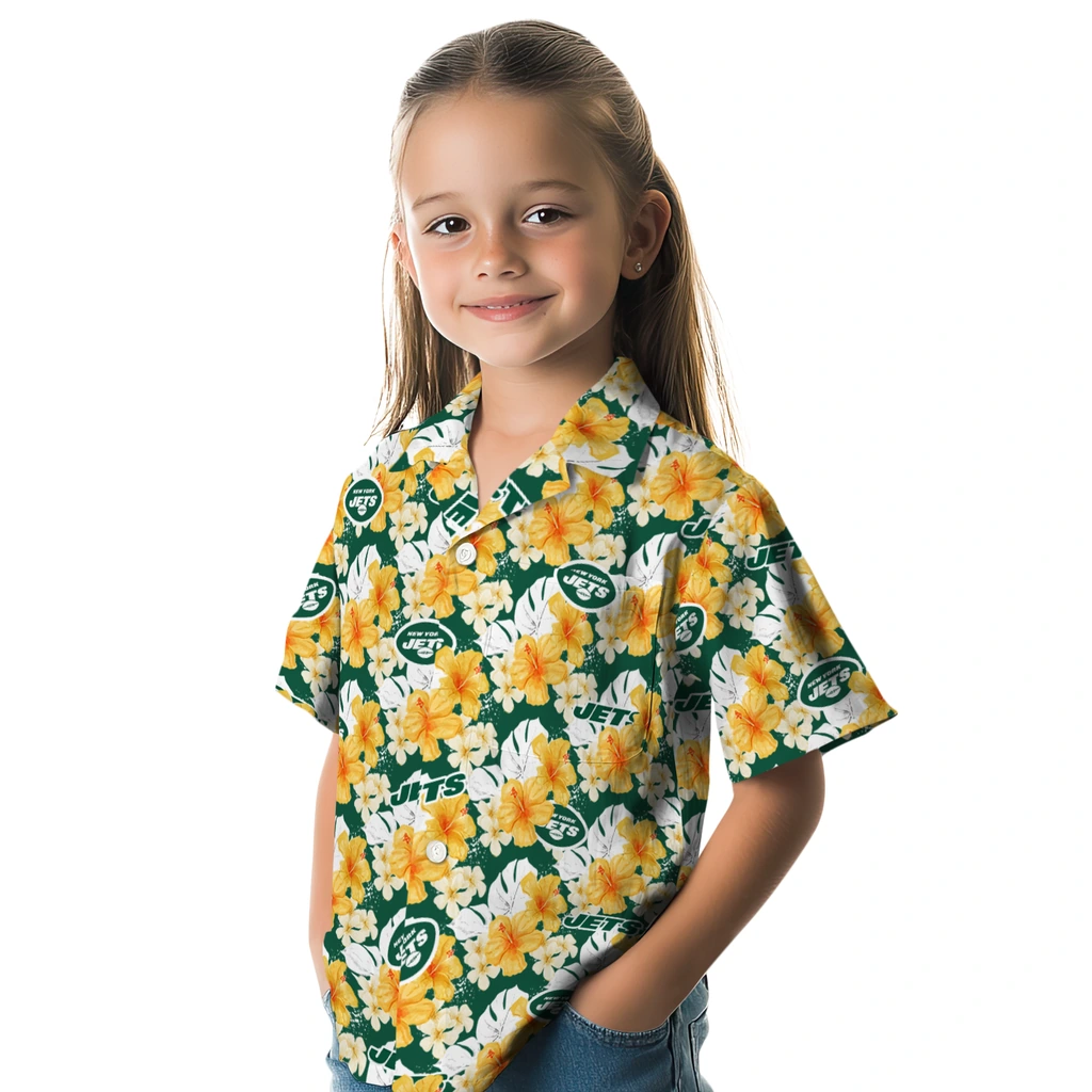 New York Jets Hawaiian Shirt - Hibiscus Tropics new york jets hibiscus tropics green yellow hawaiian shirts premium grade