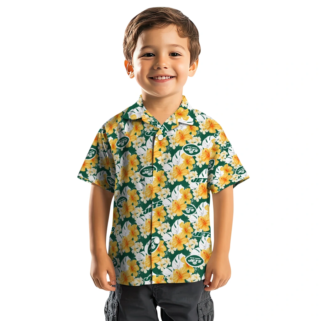 New York Jets Hawaiian Shirt - Hibiscus Tropics new york jets hibiscus tropics green yellow hawaiian shirts top rated