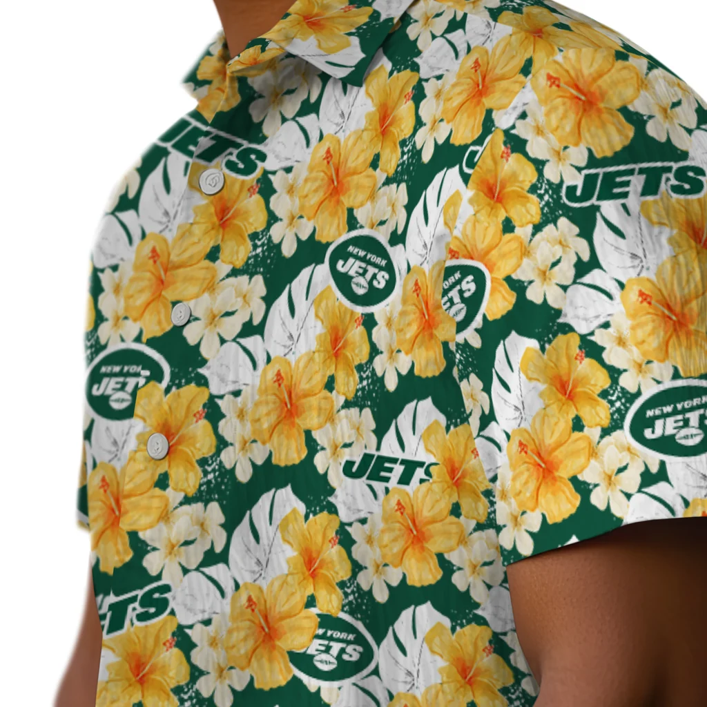 New York Jets Hawaiian Shirt - Hibiscus Tropics new york jets hibiscus tropics green yellow hawaiian shirts trendy
