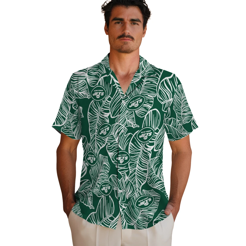 New York Jets Hawaiian Shirt - Leaf Outline new york jets leaf outline green hawaiian shirts fashion forward
