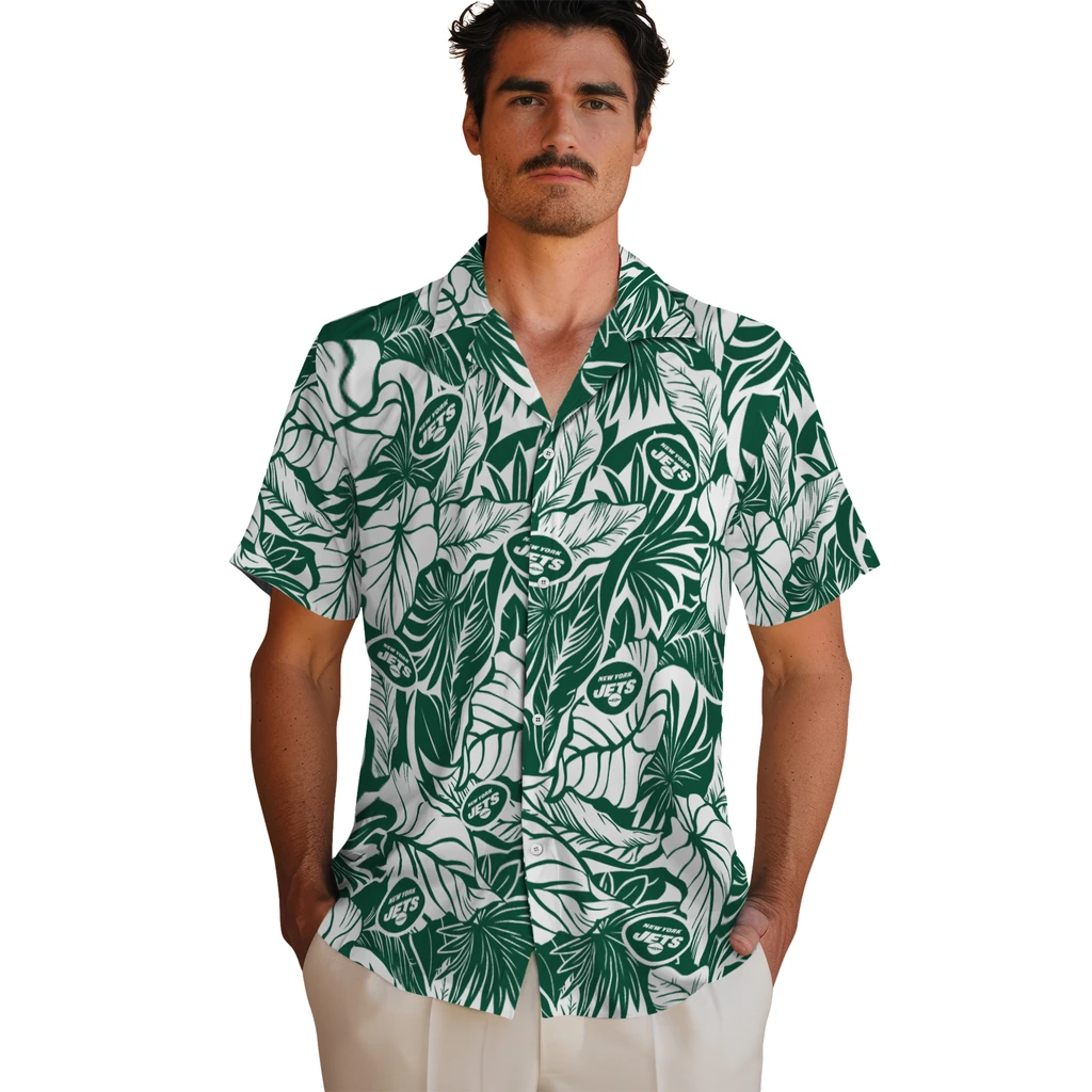 New York Jets Hawaiian Shirt - Monstera Layer new york jets monstera layer green hawaiian shirts fashion forward