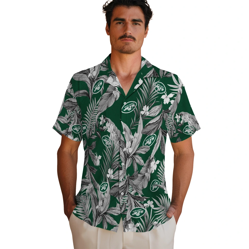 New York Jets Hawaiian Shirt - Palm Leaves new york jets palm leaves green hawaiian shirts fashion forward
