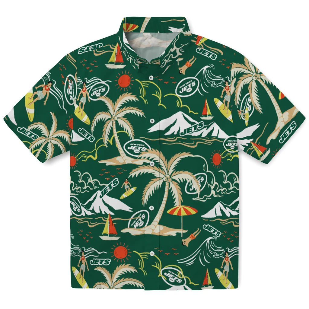 New York Jets Hawaiian Shirt - Palm Tree Island new york jets palm tree island green hawaiian shirts best selling