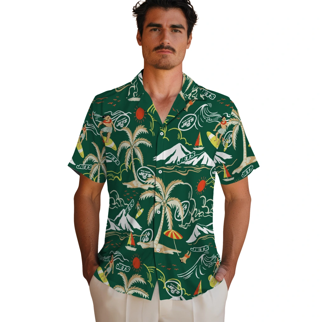 New York Jets Hawaiian Shirt - Palm Tree Island new york jets palm tree island green hawaiian shirts fashion forward