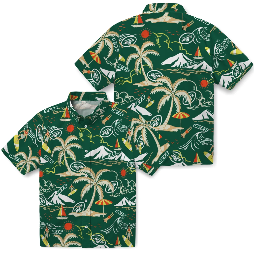 New York Jets Hawaiian Shirt - Palm Tree Island new york jets palm tree island green hawaiian shirts high quality