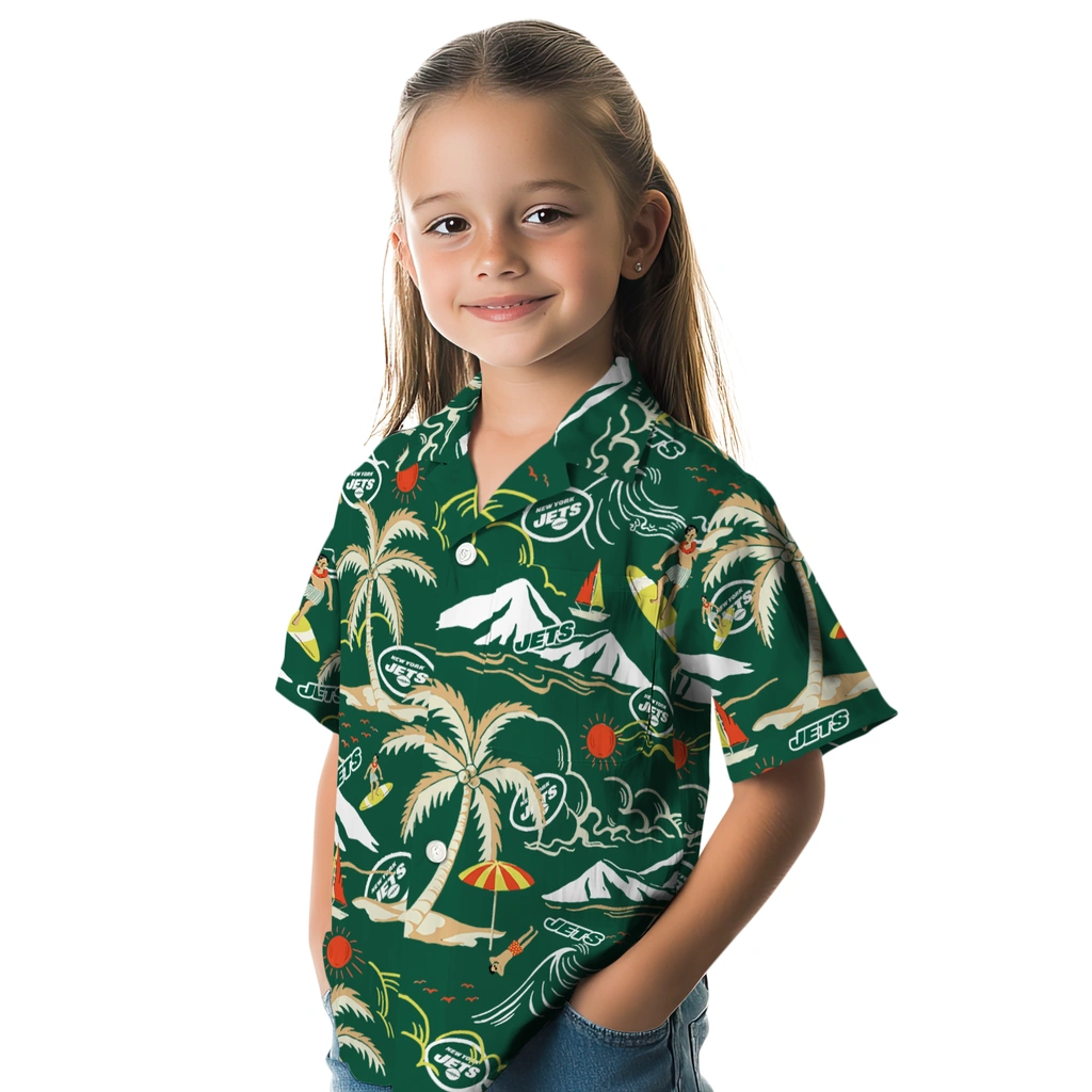 New York Jets Hawaiian Shirt - Palm Tree Island new york jets palm tree island green hawaiian shirts premium grade