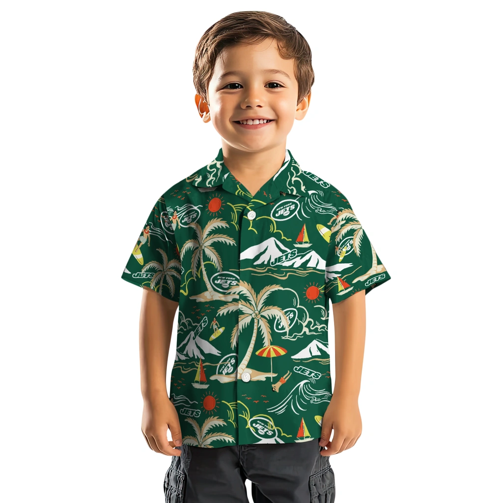 New York Jets Hawaiian Shirt - Palm Tree Island new york jets palm tree island green hawaiian shirts top rated