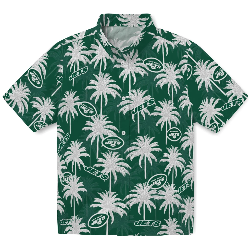 New York Jets Hawaiian Shirt - Palm Tree Motif new york jets palm grove green hawaiian shirts best selling