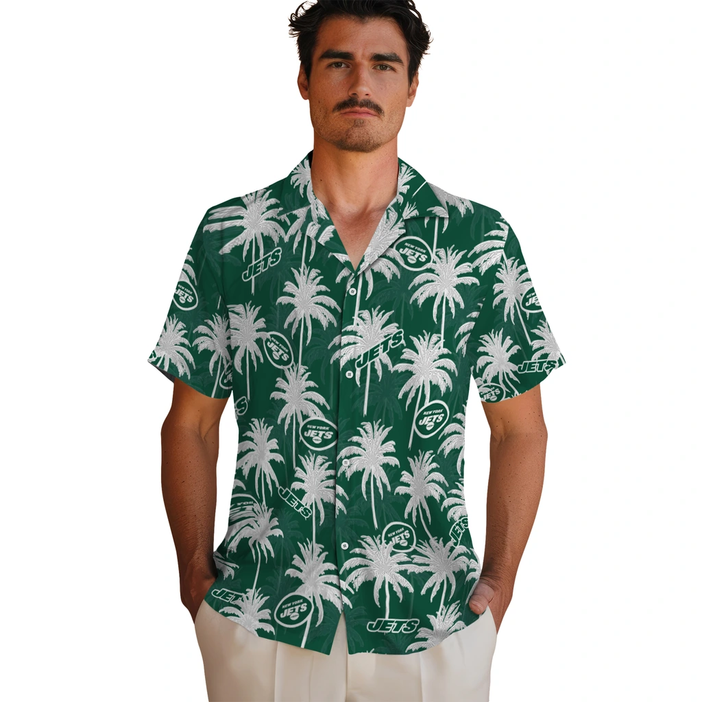 New York Jets Hawaiian Shirt - Palm Tree Motif new york jets palm grove green hawaiian shirts fashion forward