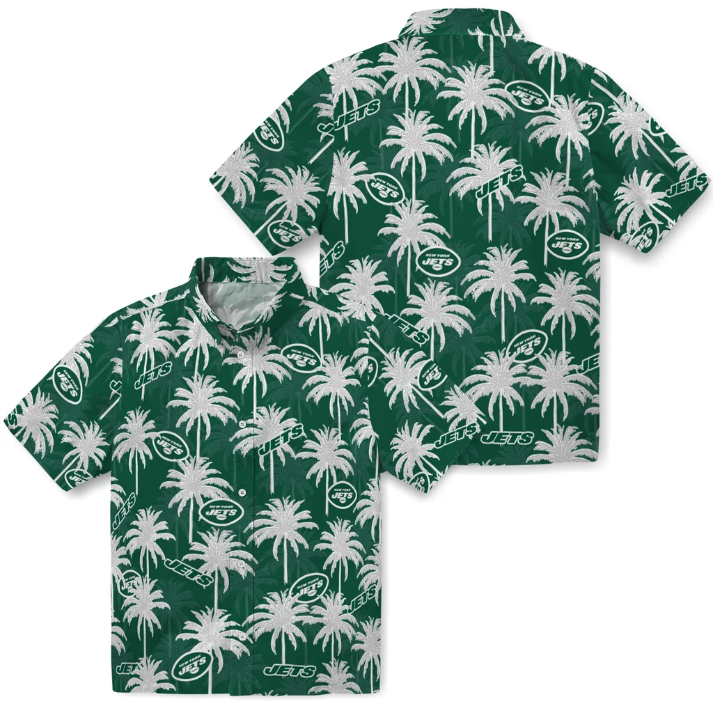 New York Jets Hawaiian Shirt - Palm Tree Motif new york jets palm grove green hawaiian shirts high quality