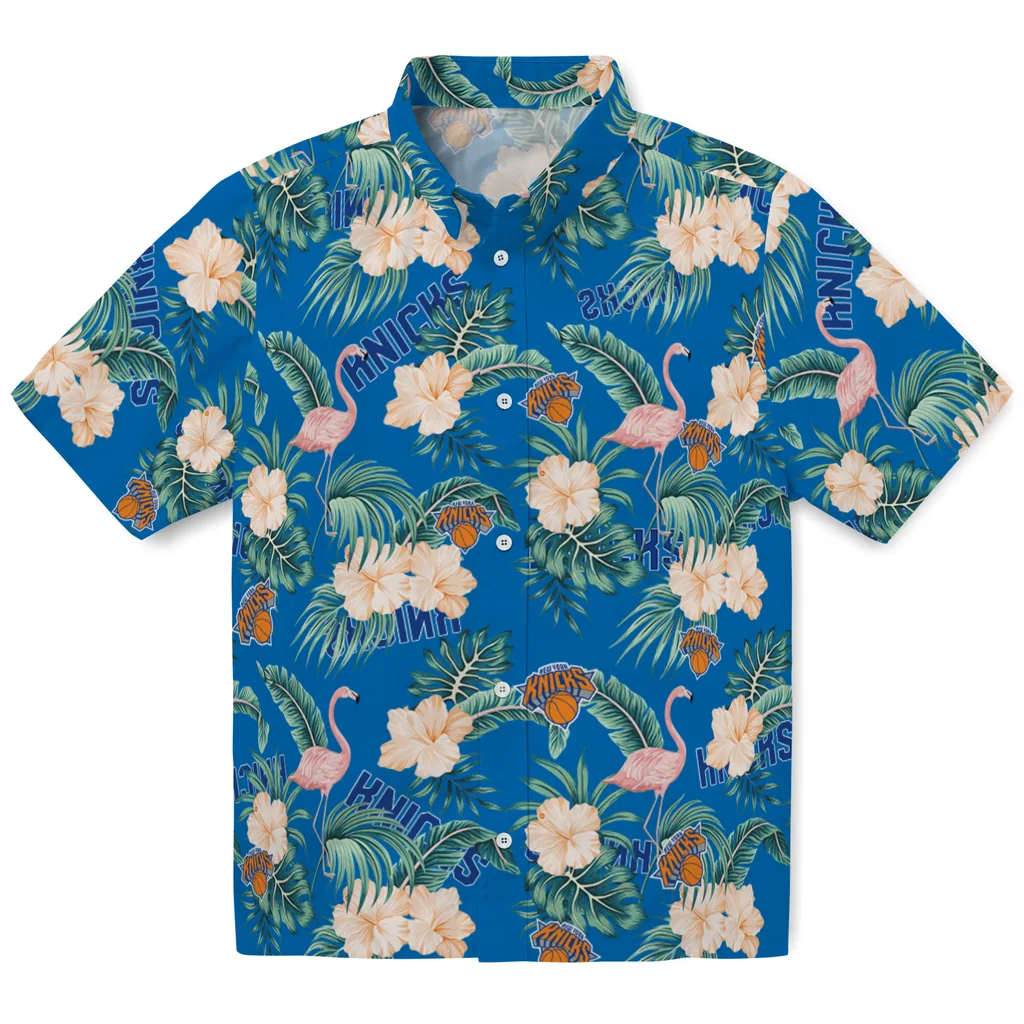 New York Knicks Hawaiian Shirt - Flamingo and Hibiscus new york knicks flamingo palms blue hawaiian shirts best selling