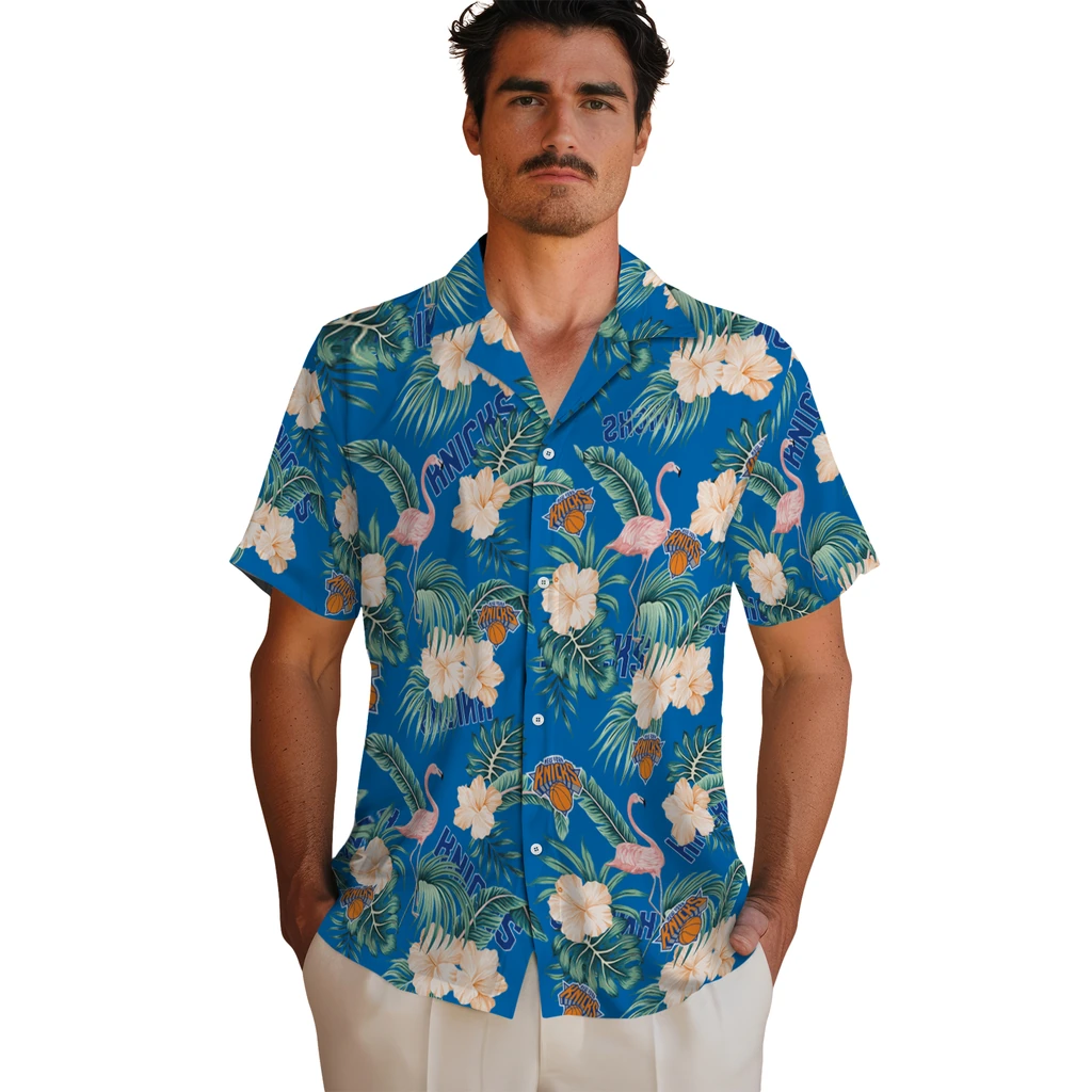 New York Knicks Hawaiian Shirt - Flamingo and Hibiscus new york knicks flamingo palms blue hawaiian shirts fashion forward