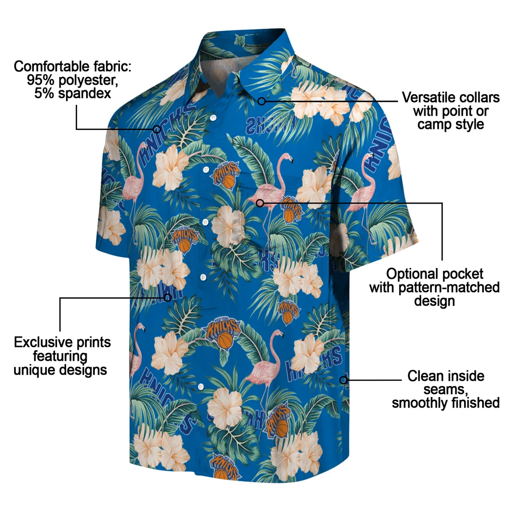 New York Knicks Hawaiian Shirt - Flamingo and Hibiscus new york knicks flamingo palms blue hawaiian shirts new arrival