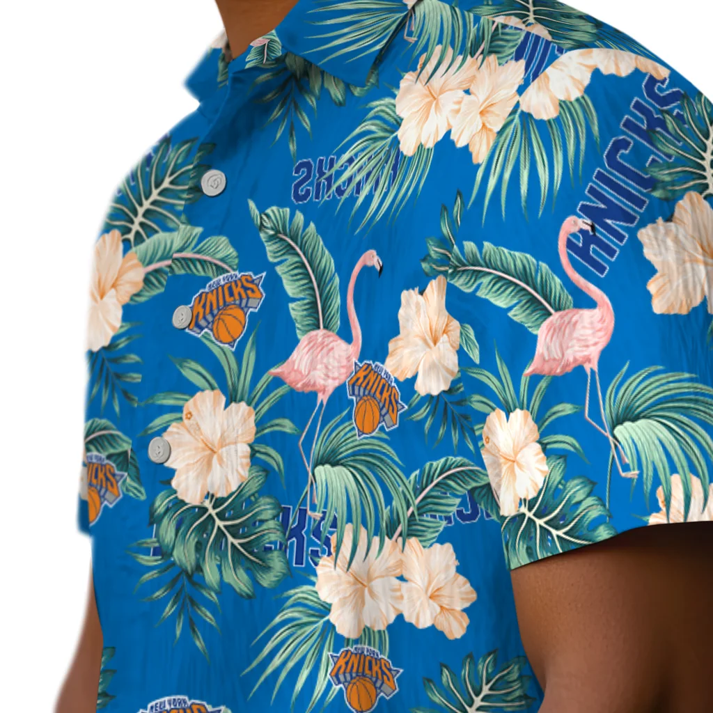 New York Knicks Hawaiian Shirt - Flamingo and Hibiscus new york knicks flamingo palms blue hawaiian shirts trendy