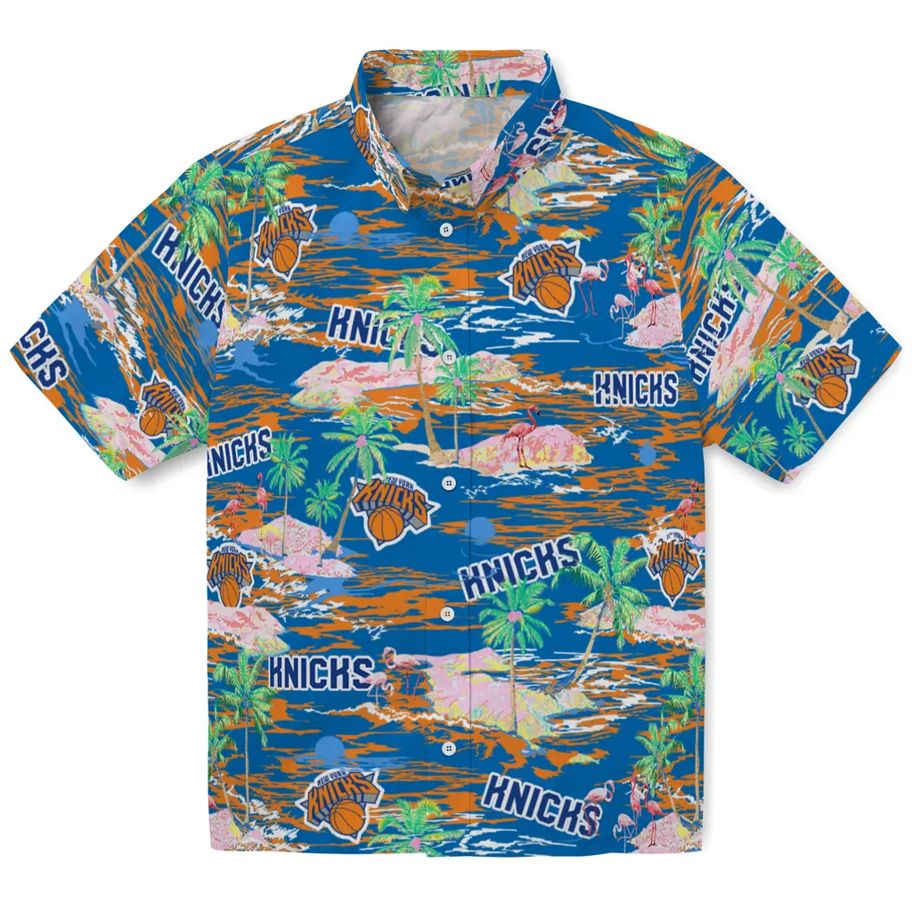 New York Knicks Hawaiian Shirt - Hawaii Island new york knicks flamingo retreat blue hawaiian shirts best selling