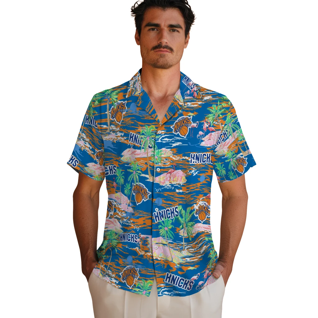 New York Knicks Hawaiian Shirt - Hawaii Island new york knicks flamingo retreat blue hawaiian shirts fashion forward