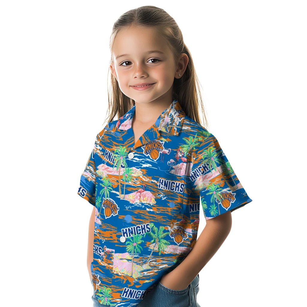 New York Knicks Hawaiian Shirt - Hawaii Island new york knicks flamingo retreat blue hawaiian shirts premium grade