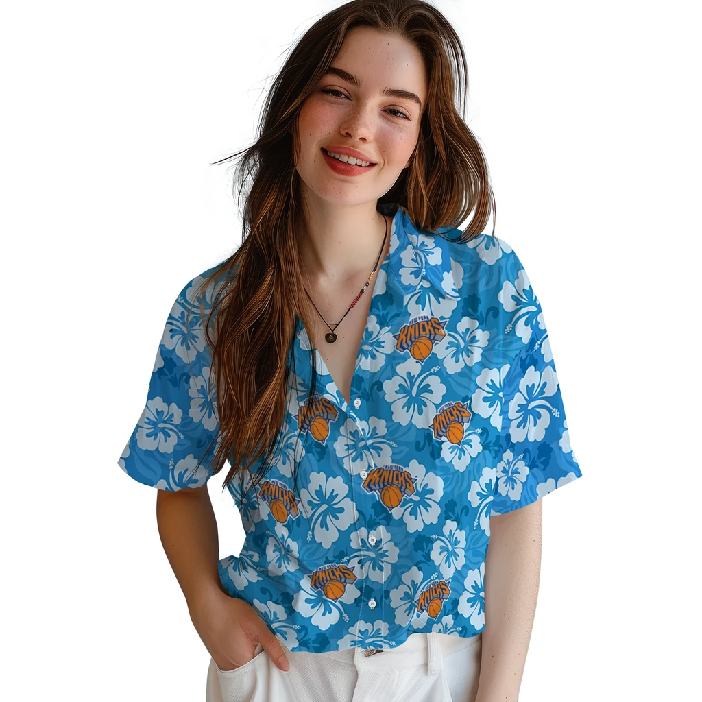 New York Knicks Hawaiian Shirt - Hibiscus Cluster new york knicks hibiscus cluster blue hawaiian shirts latest model