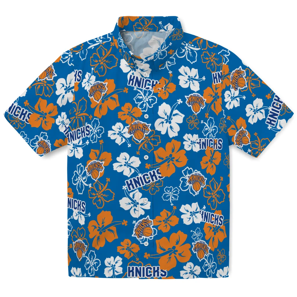 New York Knicks Hawaiian Shirt - Hibiscus Flower Design new york knicks hibiscus bloom blue hawaiian shirts best selling