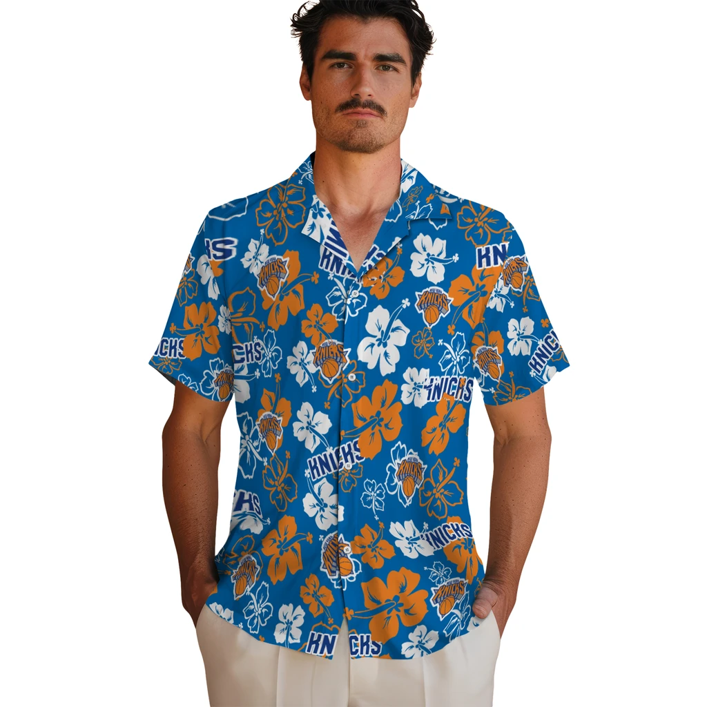 New York Knicks Hawaiian Shirt - Hibiscus Flower Design new york knicks hibiscus bloom blue hawaiian shirts fashion forward