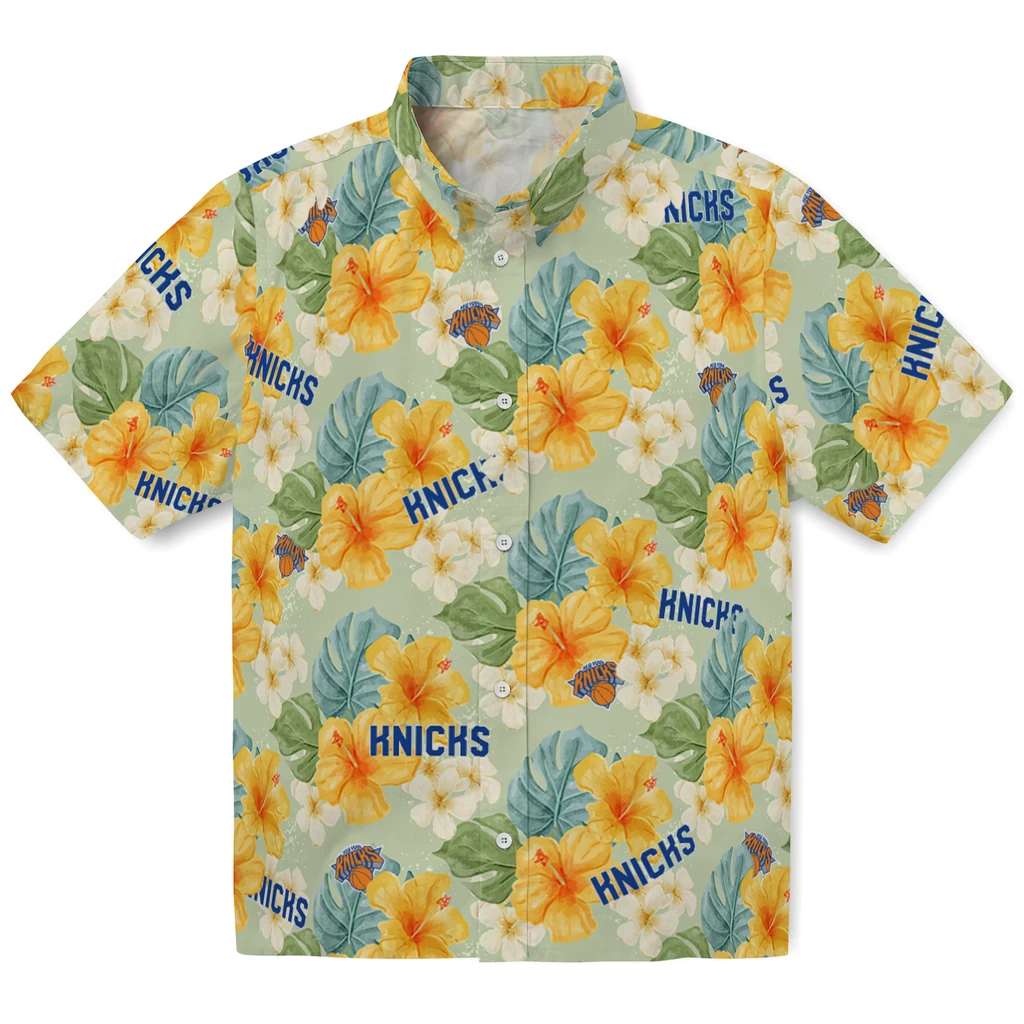 New York Knicks Hawaiian Shirt - Hibiscus Mood new york knicks hibiscus mood pale lime yellow hawaiian shirts best selling
