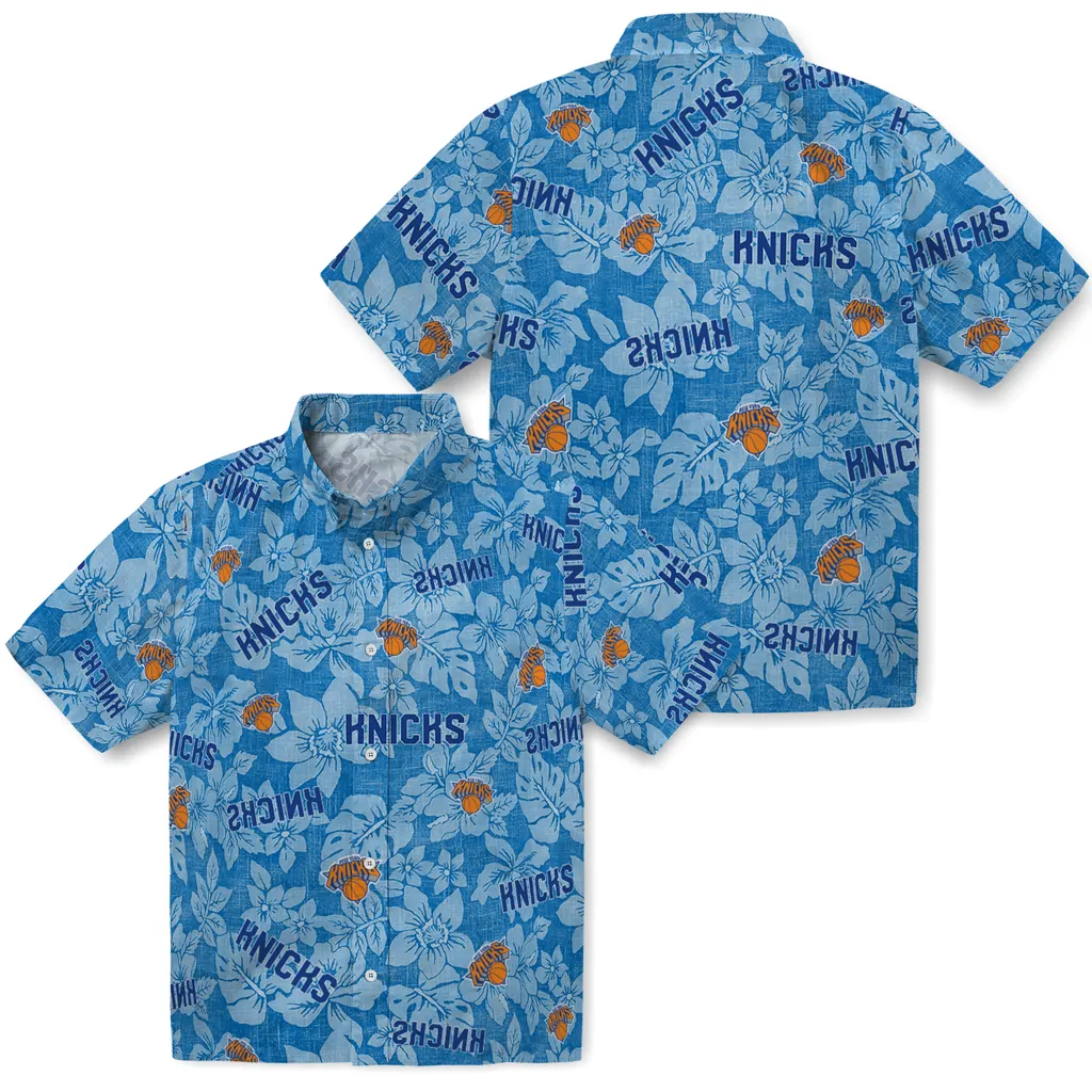 New York Knicks Hawaiian Shirt - Hibiscus Oasis new york knicks hibiscus oasis blue hawaiian shirts high quality
