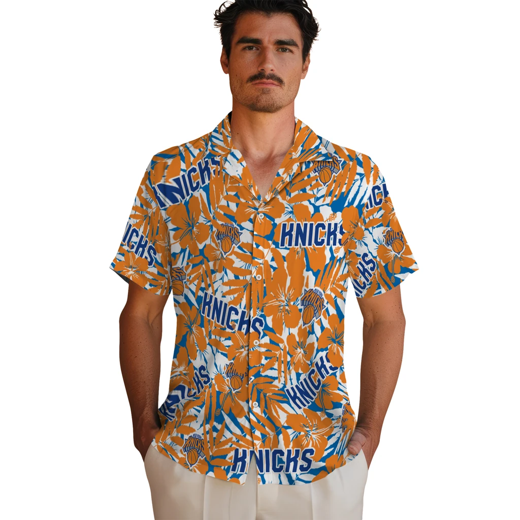 New York Knicks Hawaiian Shirt - Hibiscus Overlay new york knicks hibiscus overlay hawaiian shirts fashion forward